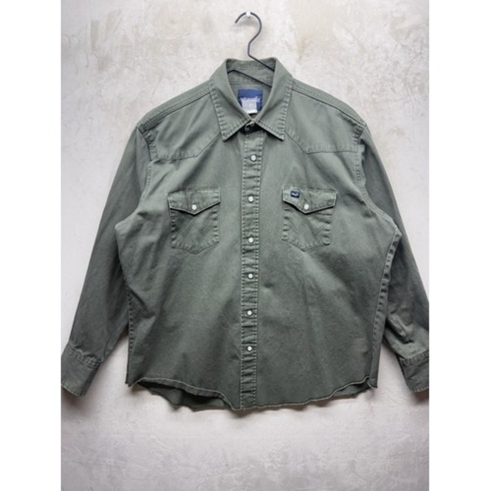 Wrangler Western Shirt Men Extra Large Pearl Snap Green Twill Cotton Long Sleeve